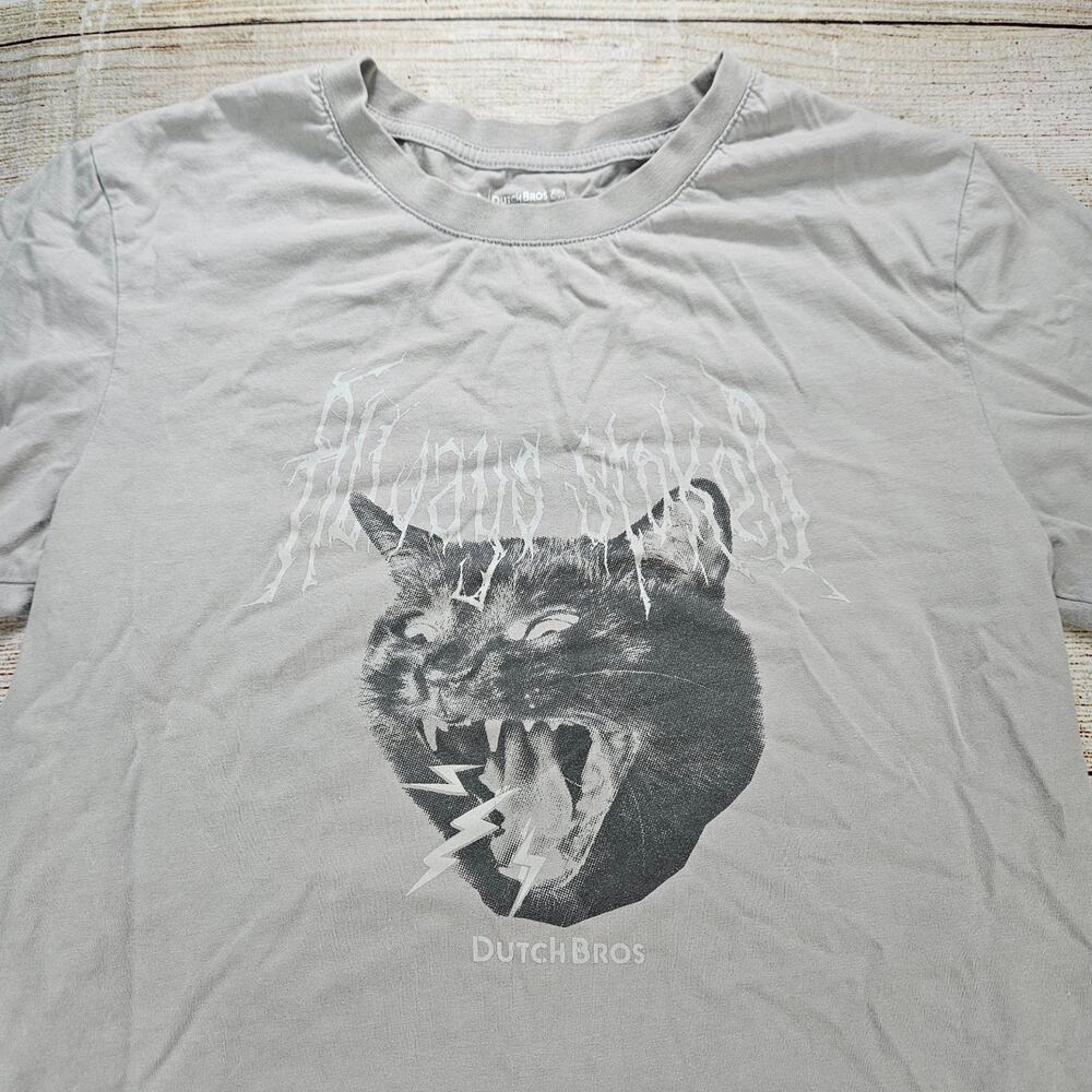 Dutch Bros Always Stoked T-Shirt Men's Gray M 100% Cotton Cat Lightning Graphic